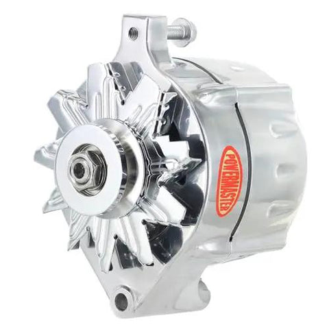 Slick Polished Ford Alternator 150 Amp 1 Wire Straight Shooter Single V Pulley Plug And Play with shiny aluminum finish.