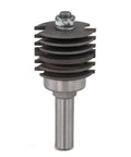One Half Inch Shank Finger Joint Router Bit With One And Seven Eighths Inch Cutting Diameter And One And Three Sixteenths Inch Cutting Height, Carbide Tip, Beefy Heavy Duty For Handheld Or Table Mounted Woodworking CNC Ground Steel Body, showing profile view with visible carbide layers.