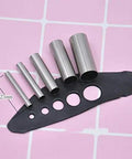 7 Piece Stainless Steel Clay Hole Cutter Set showcased on black surface with round punches from 3mm to 16mm for pottery ceramics and DIY crafts