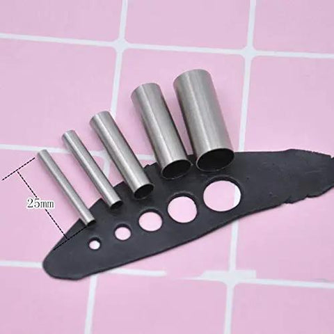 7 Piece Stainless Steel Clay Hole Cutter Set showcased on black surface with round punches from 3mm to 16mm for pottery ceramics and DIY crafts