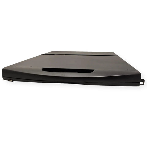 Professional Grade 19 Inch Rackmount Kvm Console Featuring 8 Port Switch Integrated Vga Tft Display USB Keyboard Touchpad in black design.