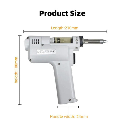 Desoldering Gun S-993A 110V 100W Vacuum Solder Sucker For Lead Free PCBs dimensions 210mm length, 180mm height, 24mm handle width