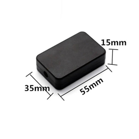 Waterproof Plastic Junction Box Six Pack For Electrical Projects Rugged Beefy Project Case Enclosures All Weather 2.2 By 1.4 By 0.6 Inch 55 By 35 By 15 mm Durable Outdoor Grade, black enclosure shown from side with dimensions.