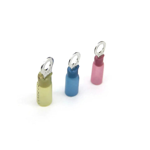 Grab these Awesome 120 Piece M5 Heat Shrink Ring Eyelet Connectors For Your Electrical Wire Splicing Jobs With Butt Connector Crimp Terminals That Fit 22 To 10 AWG Cables Perfectly For Any DIY Home Garage Project You Just Gotta Get This Solid Kit. M5 heat shrink ring terminals in yellow, blue, and pink