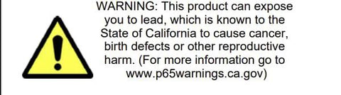 Prop 65 lead exposure warning label with yellow triangle on plumbing valve.
