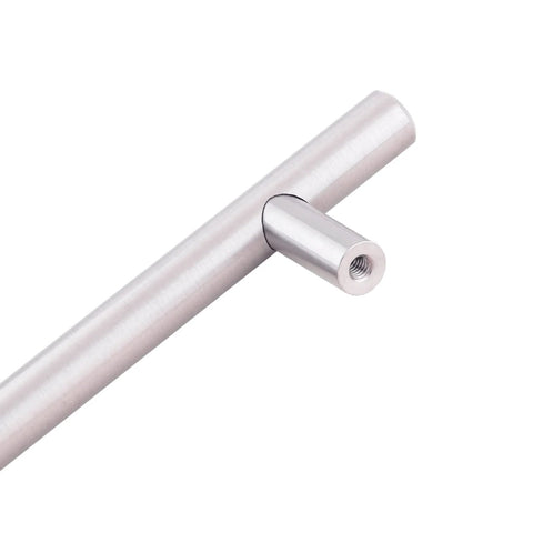 Euro Bar Cabinet Handle Satin Nickel Finish Five And Three Eighths Inch Long With Three Inch Center To Center Holes close-up