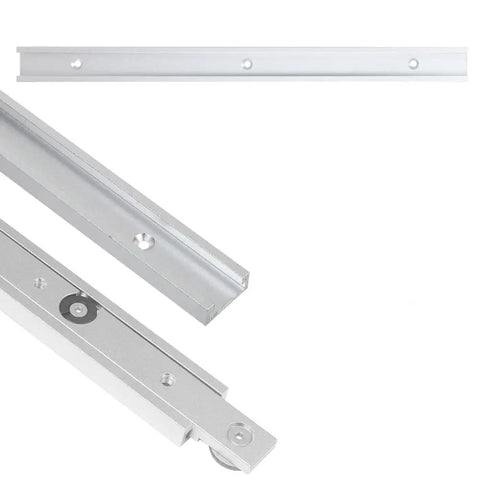 Tough As Nails Aluminum T Track With Double Cut Profile and Predrilled Mounting Holes For Woodworking Jigs and Fixtures, close-up of slot rails.