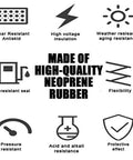 Symbols showing qualities like wear resistance, flexibility, high-quality neoprene rubber features for seals and gaskets.