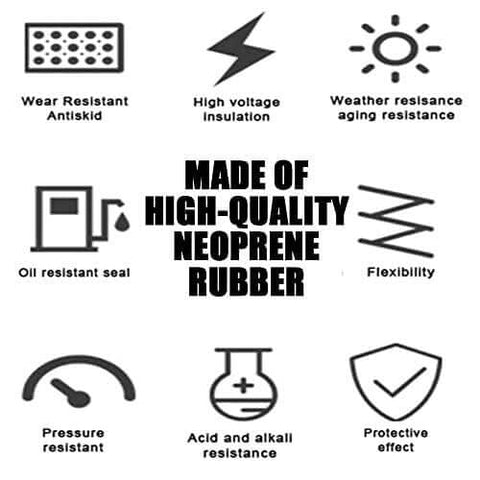 Symbols showing qualities like wear resistance, flexibility, high-quality neoprene rubber features for seals and gaskets.
