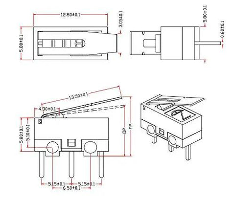 Technical diagram of Twenty Five Pack AC 125V 1A Three Pin SPDT Momentary Micro Switch With Long Lever Arm For Arduino Projects
