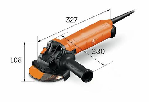 Beefy 1700Watt 125Mm Corded Angle Grinder Featuring Variable Speed Dial And Lockdown AntiVib Handle For Quick Tool Free Abrasive Swaps On Every Heavy Duty Cutting Sanding Workshop Project with dimensions shown.