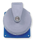Heavy Duty IEC Pin And Sleeve Receptacle 60 Amp 250 Volt Workhorse Outlet built tough, round gray metal design, mounted on blue base.