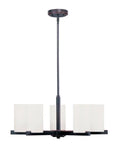 Astoria Chandelier Pendant Light in sleek steel, 25-inch diameter, modern fixture with satin opal white glass shades, olde bronze finish