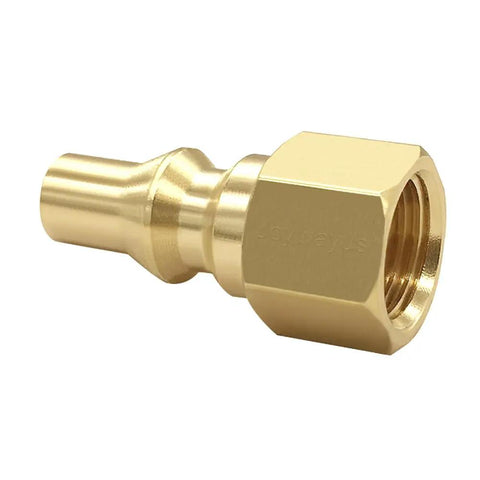 Brass quarter inch quick connect to 1-20 male cylinder thread propane adapter fitting for 1 pound bottle ideal for RV camper portable grill and stove.