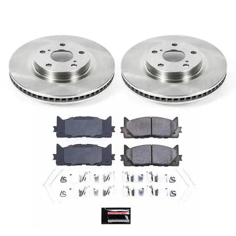 Front Brake Kit With Ceramic Pads And OE Rotors For Lexus ES300h 2013 2018 ES350 2007 2018 Toyota Avalon 2008 2018 And Camry 2007 2017 Replacement Disc Rotors And Pads Includes 2 Front Ceramic Pads And 2 Front Rotors on white background.