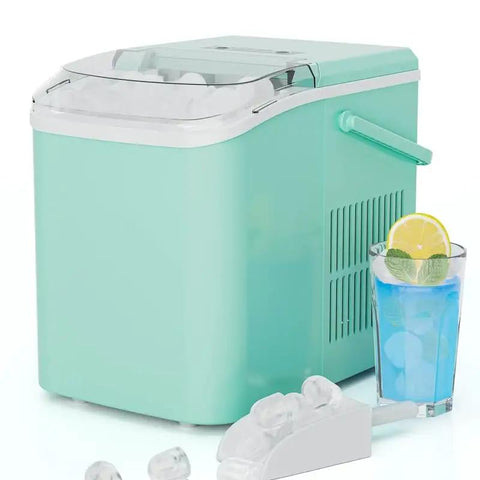 Portable Ice Maker with Self Cleaning System and Scoop Delivers Fresh Ice in Under 6 Minutes for Any Countertop Vibes Comes Complete with Storage Basket for Effortless Serving while Bullet Shaped Cubes Ensure Your Beverages Stay Frosty During Weekend next to a glass of blue drink.