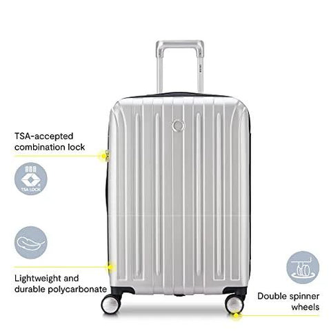 Luggage: silver DELSEY PARIS Titanium hardside 25-inch expandable spinner suitcase with TSA lock and wheels.