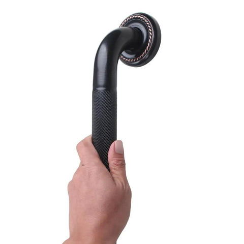 Heavy Duty 12 Inch Textured Grab Bar For Bathtub And Shower With Oil Rubbed Bronze Finish, held in hand, non-slip grip.