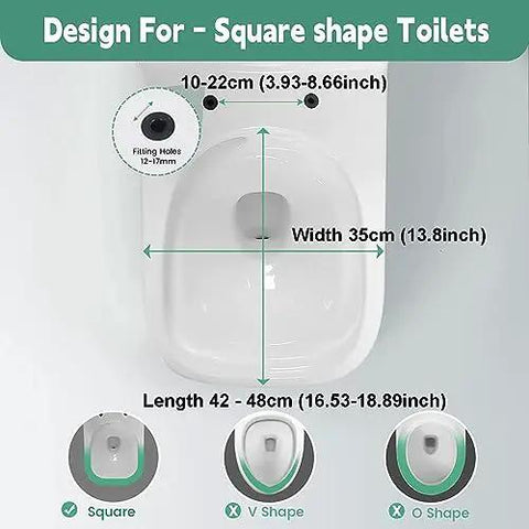 Diagram of Solid As A Rock Square Toilet Seat with fitting hole dimensions for square shape toilets in inches.