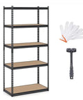 Built Tough Black Heavy Duty Garage Shelving Unit With Hella Sturdy Boltless Design And Massive Load Capacity For Serious Workshop Gear and Warehouse Storage Organization Needs with gloves and tool.
