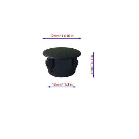 Thirty Pcs Black Plastic Hole Plugs For Cabinet And Screw Holes, 13 Mm Bottom Diameter, cap 17 Mm, side view, dimensions shown