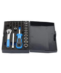 One Quarter Inch Drive Socket Set 37-Piece With Forged UD Profile Sockets, Reversible Ratchet, Push Button Release in open case