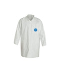 Tyvek 400 Disposable Lab Coat With Open Cuff Hood White Large 30 Pack front view showing logo and long sleeves