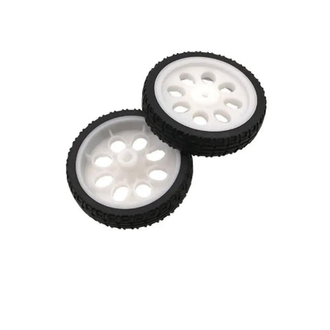 Two wheels from Four 65mm Rubber RC Wheel Set For DIY Models, Robots, And Small RC Cars, White And Black
