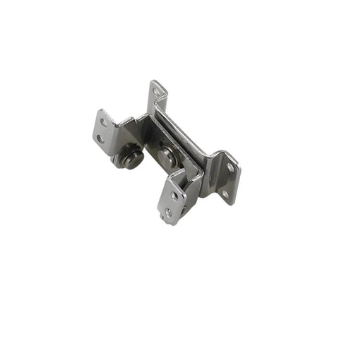 Close-up of stainless steel dual-axis hinge with damping and 60° rotation; mounting plates, 1 piece.