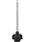 Heavy Duty Toilet Plunger With 15 Inch Stainless Steel Handle And Commercial Grade Rubber Suction Cup for clearing blockages.