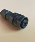 Front view of black 4-pin circular servo motor encoder plug with knurled coupling