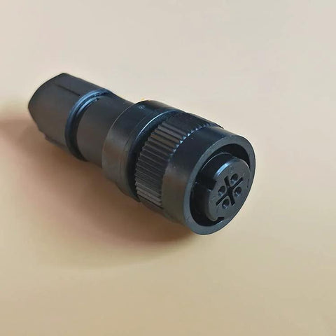 Side view of black circular 4-pin servo motor encoder plug with locking collar