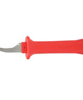 Premium 33HS High Carbon Steel Curved Blade Cable Stripping Knife With Ergonomic Insulated Handle, red grip, for precise cable peeling.
