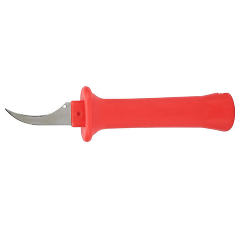 Premium 33HS High Carbon Steel Curved Blade Cable Stripping Knife With Ergonomic Insulated Handle, red grip, for precise cable peeling.
