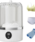 Pocket Sized Rechargeable Mini Washing Machine Wash Your Damp Threads With Ease For Gym Kits Socks Undies And Baby Rags Quick Travel Laundry Hack Compact Backpack Friendly Spin Cycle Fast Rinse Mode with laundry items around
