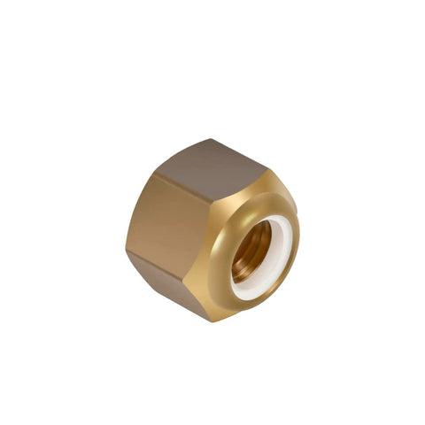 Close-up of a brass locknut from the Brass Prop Nut Kit for Inboard Boats showing heavy-duty propeller hardware for 1 inch and 1-1/8 inch shafts.