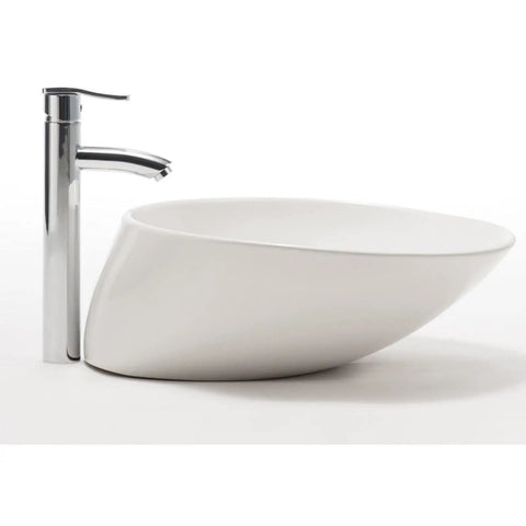 USZWBY Bathroom Vessel Sink Bathroom Vessel Sink Oval Above Counter White Porcelain Ceramic Bowl Basin, No Overflow Hole, side view with faucet