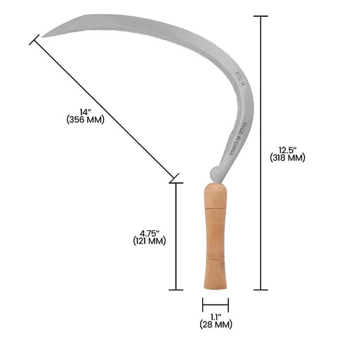 14 Inch Serrated Curved Blade Landscape Scythe With Wooden Handle For Easy Weeding And Lawn Care Carbon Steel Blade Built For Tough Garden Jobs Durable Yard Work Tool For Backyards with dimensions