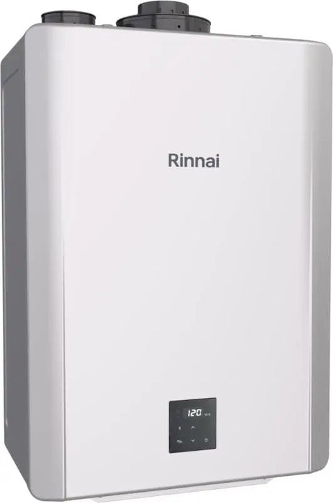 Heavy Duty Tankless Water Heater Indoor Outdoor Propane Natural Gas Compatible showing sleek design and digital control panel.