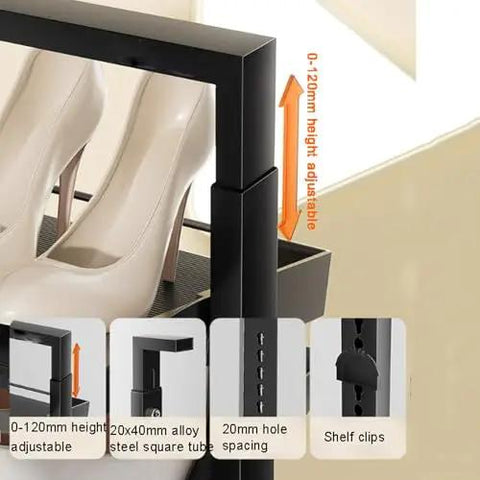 Close-up of height adjustable feature on Slick Pull Out Shoe Rack With 16 Tier Metal Shelf Adjustable Stackable Closet Organizer.