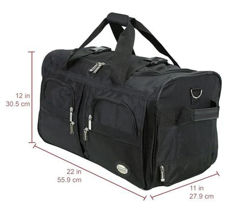 Rockland rolling duffel bag, black, 22-inch luggage with multiple zip pockets