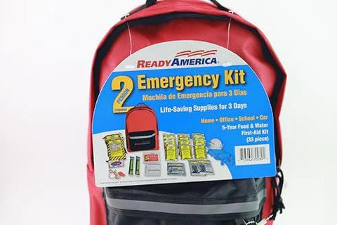 Red Ready America 72-hour emergency kit backpack for 2 people with first aid kit and survival blanket, front view