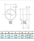 Diagram showing dimensions of oil filled pressure gauge 1-1/2 inch, featuring 1/8 inch NPT lower mount connection.