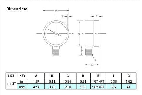 Diagram showing dimensions of oil filled pressure gauge 1-1/2 inch, featuring 1/8 inch NPT lower mount connection.