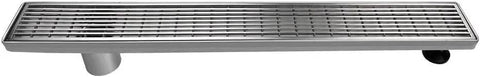24 Inch Offset Side Outlet Linear Shower Drain In Slick Brushed Stainless Steel Rectangle Design viewed from the side showing grate and outlet.