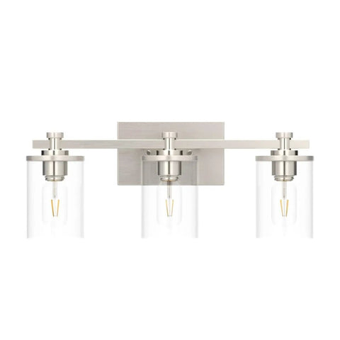 Three Light Vanity Lights In Brushed Copper Over Mirror With Clear Glass Shades For Bathroom Renovation Modern Farmhouse Rustic Chic Glow
