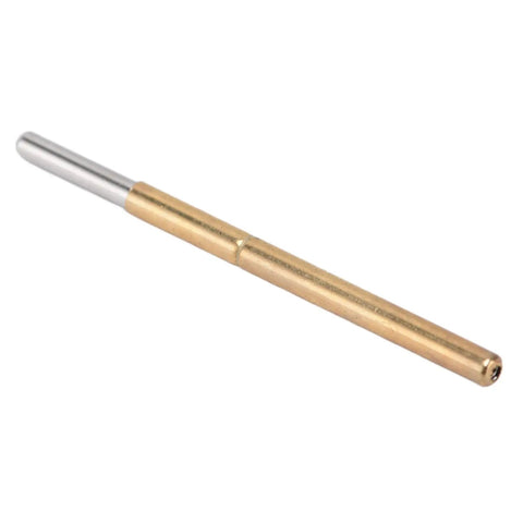 Top Shelf 100 Piece Round Spring Pogo Pin Set With Heat Resistant Brass Plunger And Durable Stainless Steel Coil close-up view of brass pin.