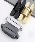 Adjustable 180 Degree Invisible Door Hinge For Folding And Hideaway Doors showing black, gold, silver finishes, designed for modern closets.