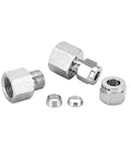 Front view of two stainless steel 3/8 in compression tube fittings (3/8 in tube OD x 3/8 in NPT female) with ferrules