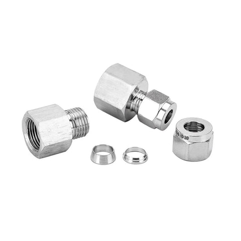 Front view of two stainless steel 3/8 in compression tube fittings (3/8 in tube OD x 3/8 in NPT female) with ferrules